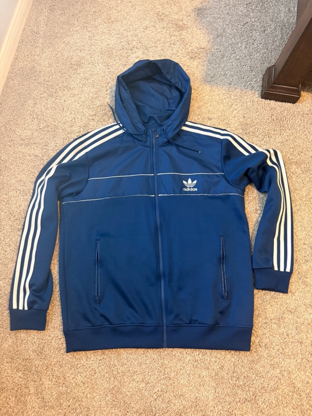 adidas Navy Hooded Track Jacket with White Stripes